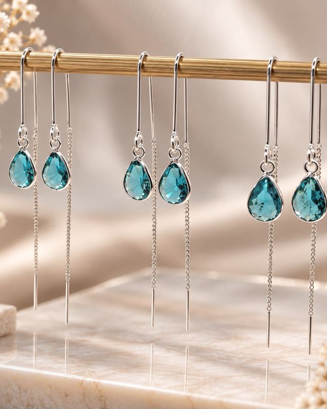 Brincos prateados com pedra azul em gota
