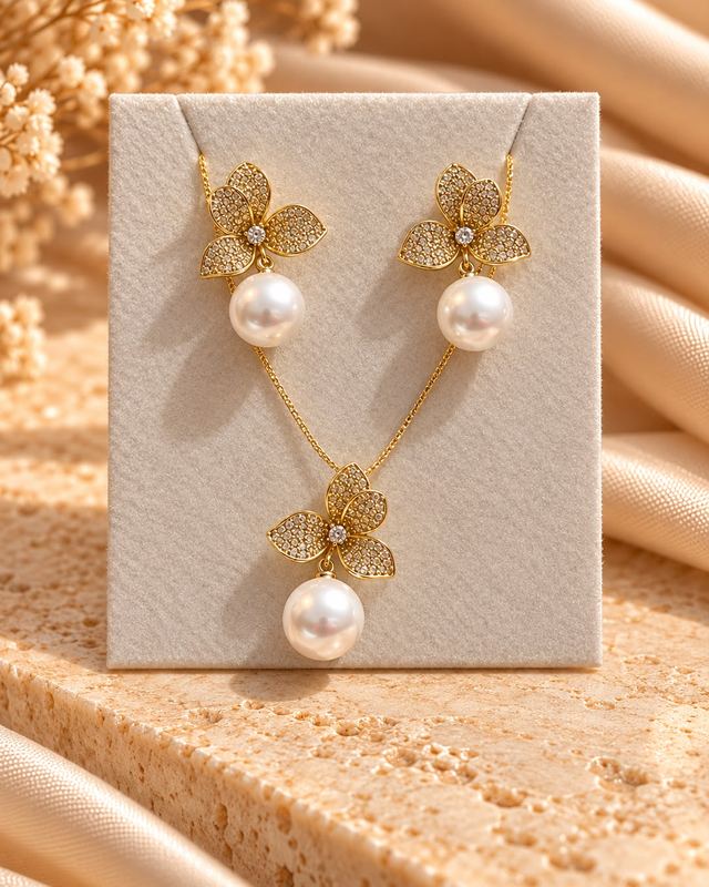 Conjunto dourado de flor com pérola