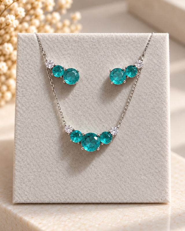 Conjunto de colar e brincos com pedras verde-água