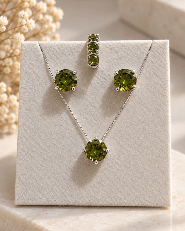 Conjunto de colar, brincos e anel com pedras verdes